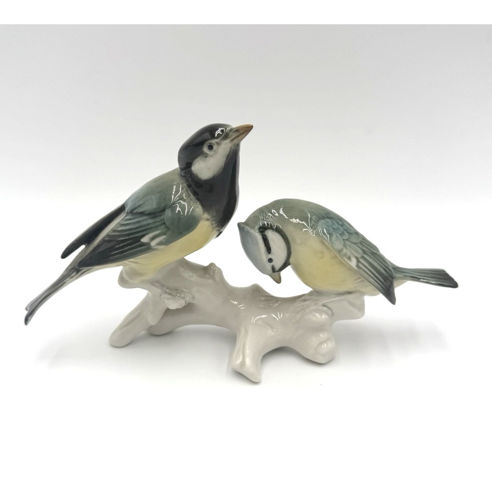 Karl Ens Germany Porcelain Figurines 4" Blue Tit Birds on a Branch Vintage